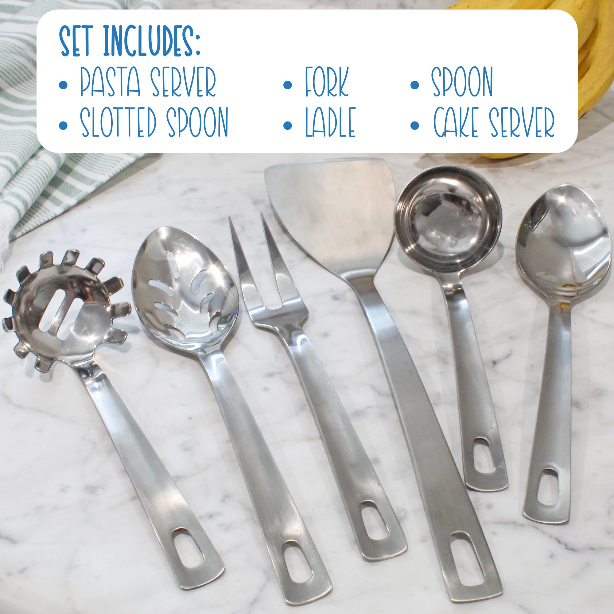 Darware Complete Serving Spoon & Utensil Set (6-Piece Set); Includes Pasta Server, Fork, Spoon, Slotted Spoon, Ladle, & Cake/Casserole Server