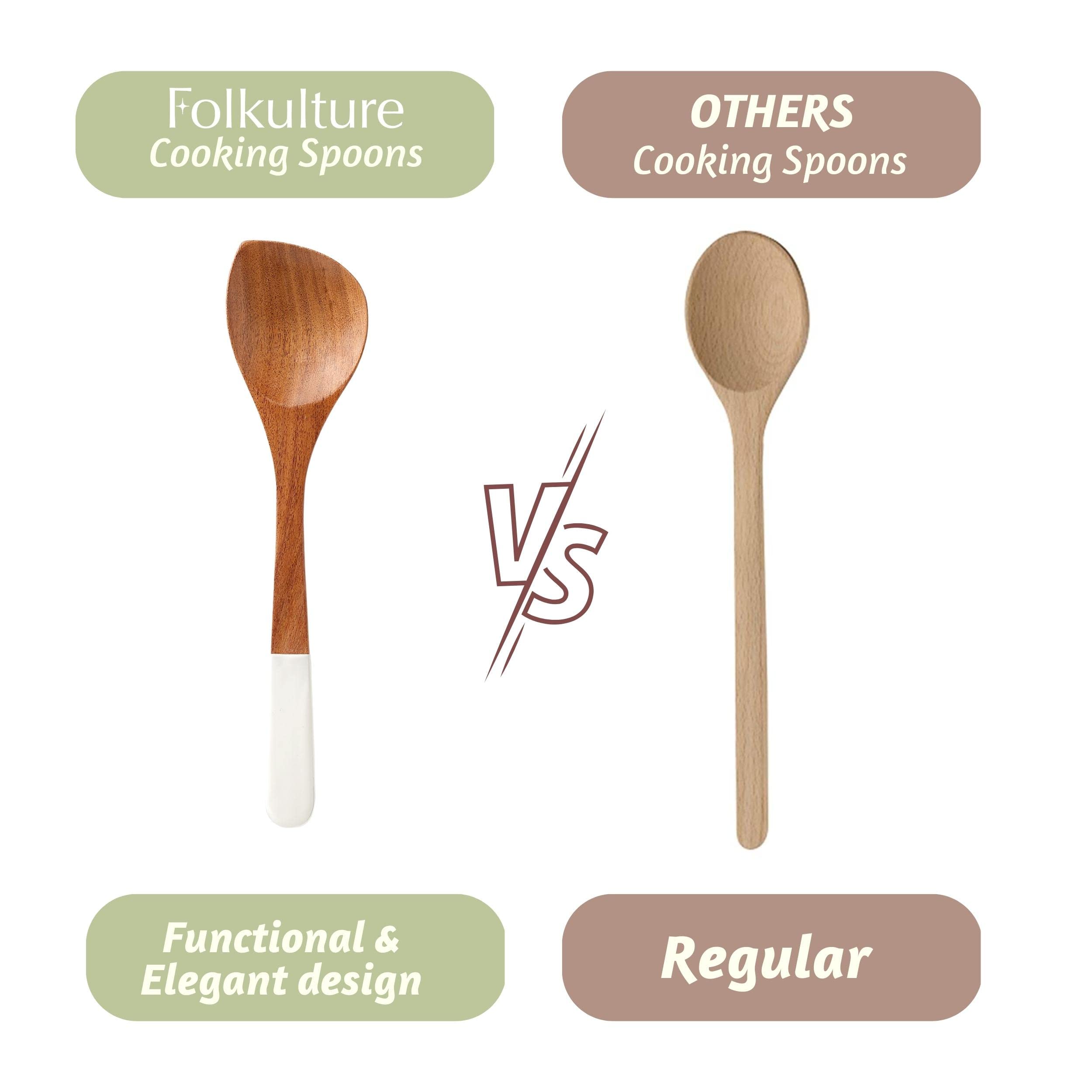 Folkulture Wooden Spoons for Cooking or Cooking Utensils Set, Set of 6 Wooden Cooking Spoons for Kitchen, Non-Stick Cookware Set or Wooden Spoon Set with Spurtle,Fork, Spatula and Strainer (White)