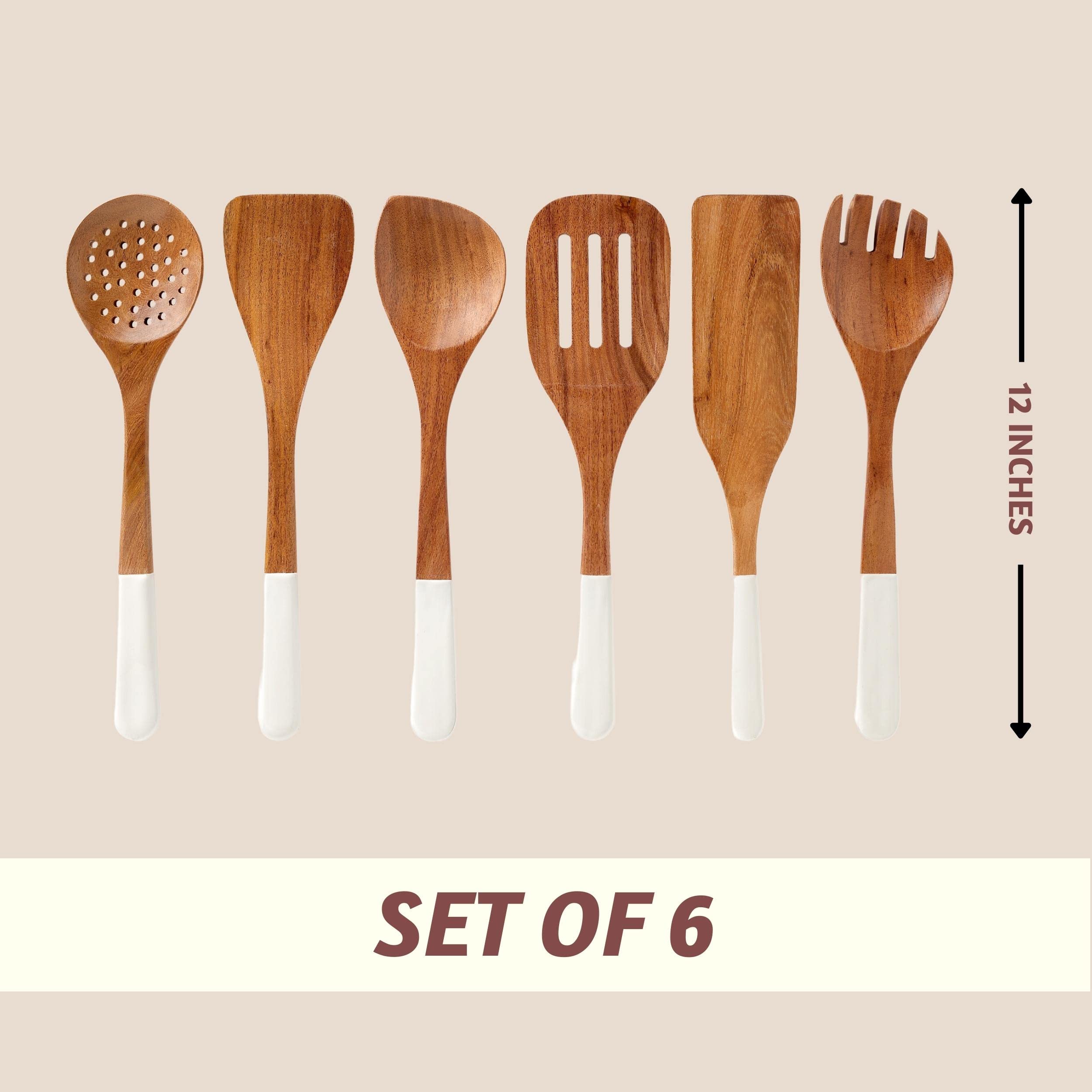 Folkulture Wooden Spoons for Cooking or Cooking Utensils Set, Set of 6 Wooden Cooking Spoons for Kitchen, Non-Stick Cookware Set or Wooden Spoon Set with Spurtle,Fork, Spatula and Strainer (White)