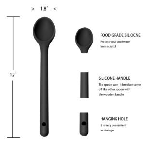 Stirring Spoons for Cooking Set of 3, Silicone 12 Inch Long Handle Spoons, Nonstick Mixing Spoons for Cooking, Silicone Stirring Spoons BPA Free, Nontoxic & Resistant to 480°F (2 in Black)