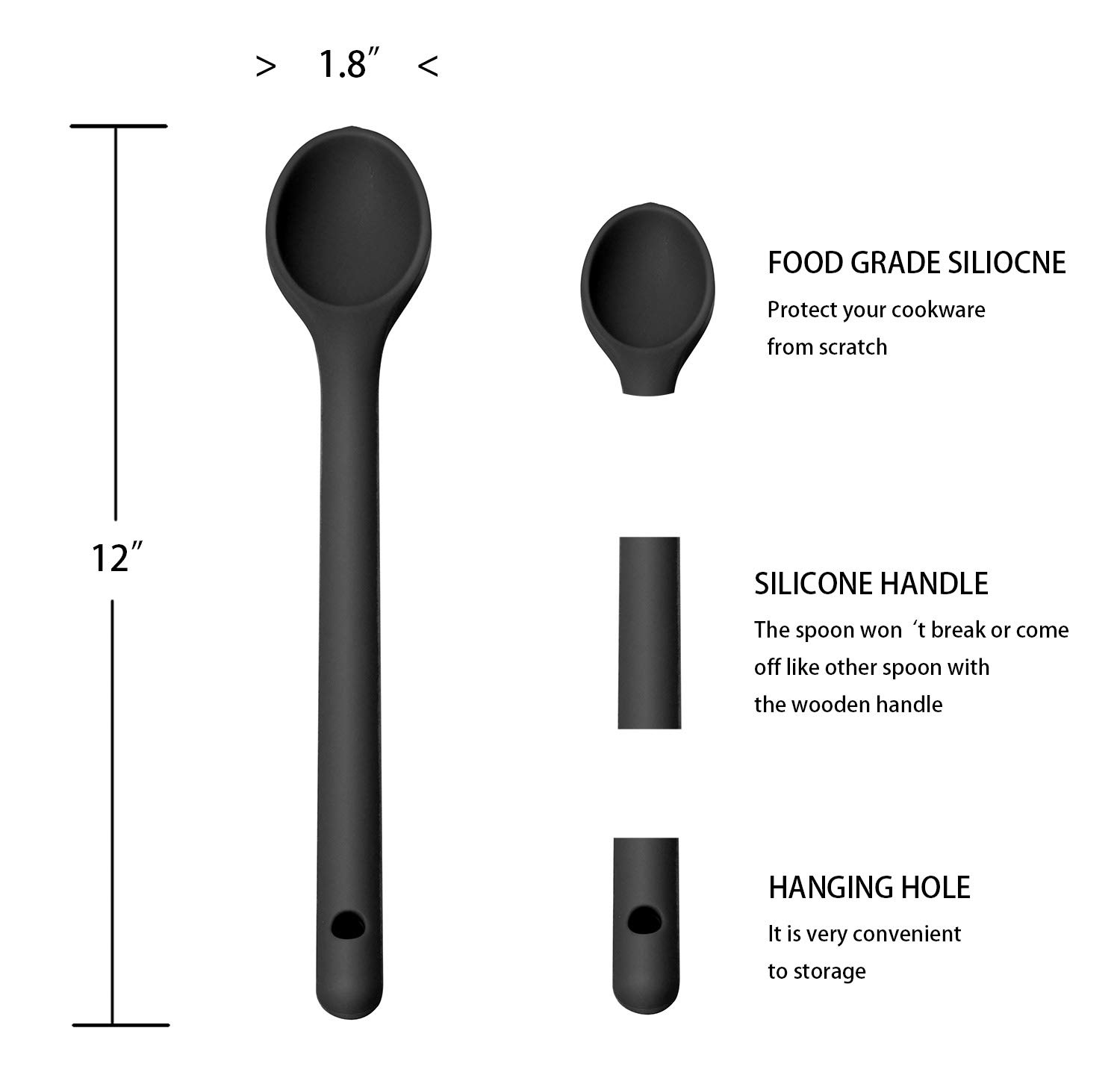 Stirring Spoons for Cooking Set of 3, Silicone 12 Inch Long Handle Spoons, Nonstick Mixing Spoons for Cooking, Silicone Stirring Spoons BPA Free, Nontoxic & Resistant to 480°F (2 in Black)