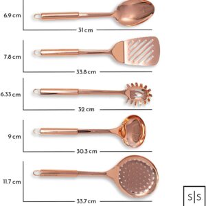 Copper Cooking Utensils for Cooking/Serving, Rose Gold Kitchen Utensils -Stainless Steel Copper Serving Utensils Set 5 PCS-Copper Ladle, Serving Spoon, Pasta Serving Fork, Spatula, Kitchen Skimmer