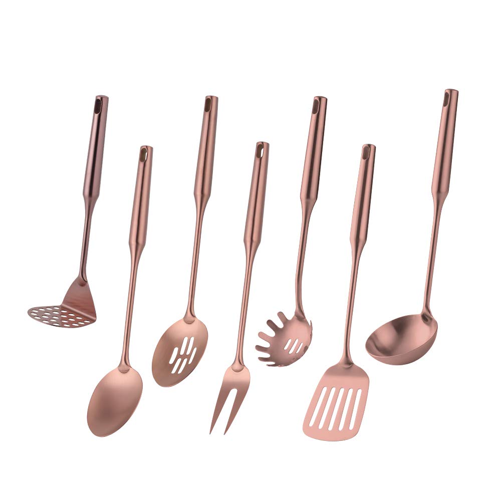 7 Pcs Round Handle Cooking Utensil Set, 304 Stainless Steel Rose Gold Titanium Plated Cookware Sets with Public Fork/Spoon, Potato Mashers, Slotted Spatula, Soup Ladle, Pasta Server, Kitchen Tool