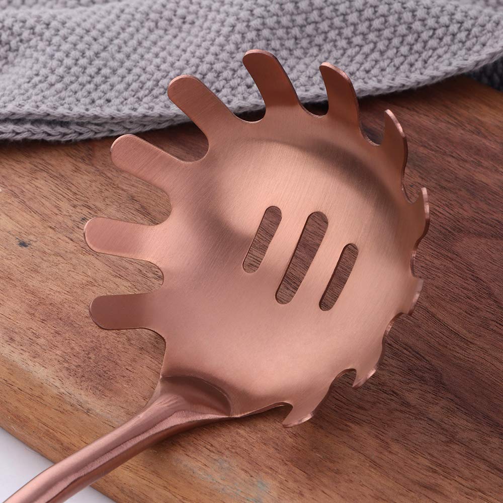 7 Pcs Round Handle Cooking Utensil Set, 304 Stainless Steel Rose Gold Titanium Plated Cookware Sets with Public Fork/Spoon, Potato Mashers, Slotted Spatula, Soup Ladle, Pasta Server, Kitchen Tool