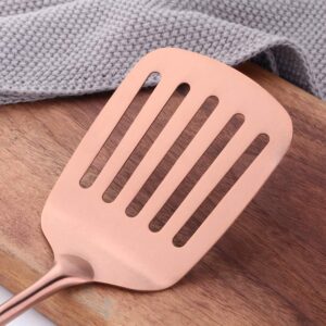 7 Pcs Round Handle Cooking Utensil Set, 304 Stainless Steel Rose Gold Titanium Plated Cookware Sets with Public Fork/Spoon, Potato Mashers, Slotted Spatula, Soup Ladle, Pasta Server, Kitchen Tool