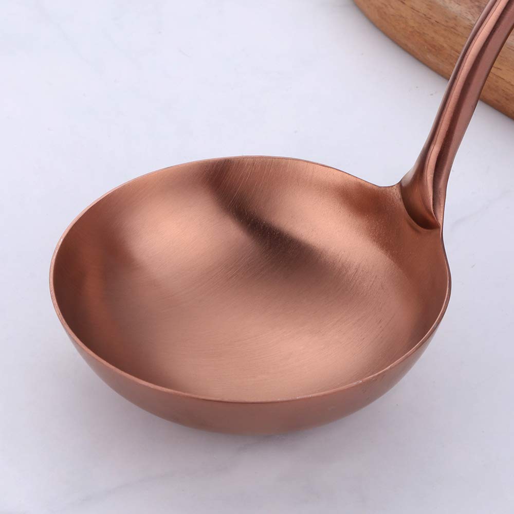 7 Pcs Round Handle Cooking Utensil Set, 304 Stainless Steel Rose Gold Titanium Plated Cookware Sets with Public Fork/Spoon, Potato Mashers, Slotted Spatula, Soup Ladle, Pasta Server, Kitchen Tool