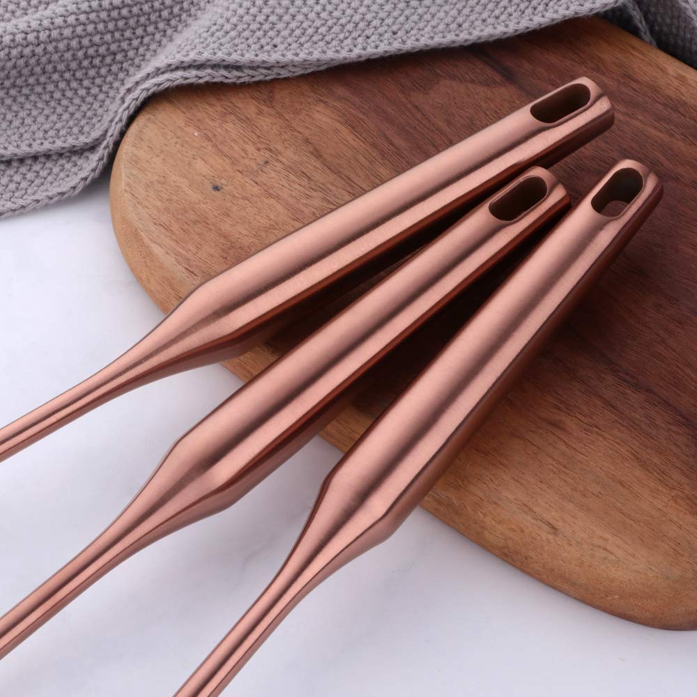 7 Pcs Round Handle Cooking Utensil Set, 304 Stainless Steel Rose Gold Titanium Plated Cookware Sets with Public Fork/Spoon, Potato Mashers, Slotted Spatula, Soup Ladle, Pasta Server, Kitchen Tool