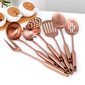 7 Pcs Round Handle Cooking Utensil Set, 304 Stainless Steel Rose Gold Titanium Plated Cookware Sets with Public Fork/Spoon, Potato Mashers, Slotted Spatula, Soup Ladle, Pasta Server, Kitchen Tool