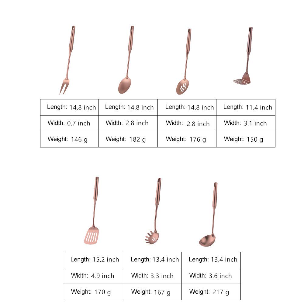 7 Pcs Round Handle Cooking Utensil Set, 304 Stainless Steel Rose Gold Titanium Plated Cookware Sets with Public Fork/Spoon, Potato Mashers, Slotted Spatula, Soup Ladle, Pasta Server, Kitchen Tool