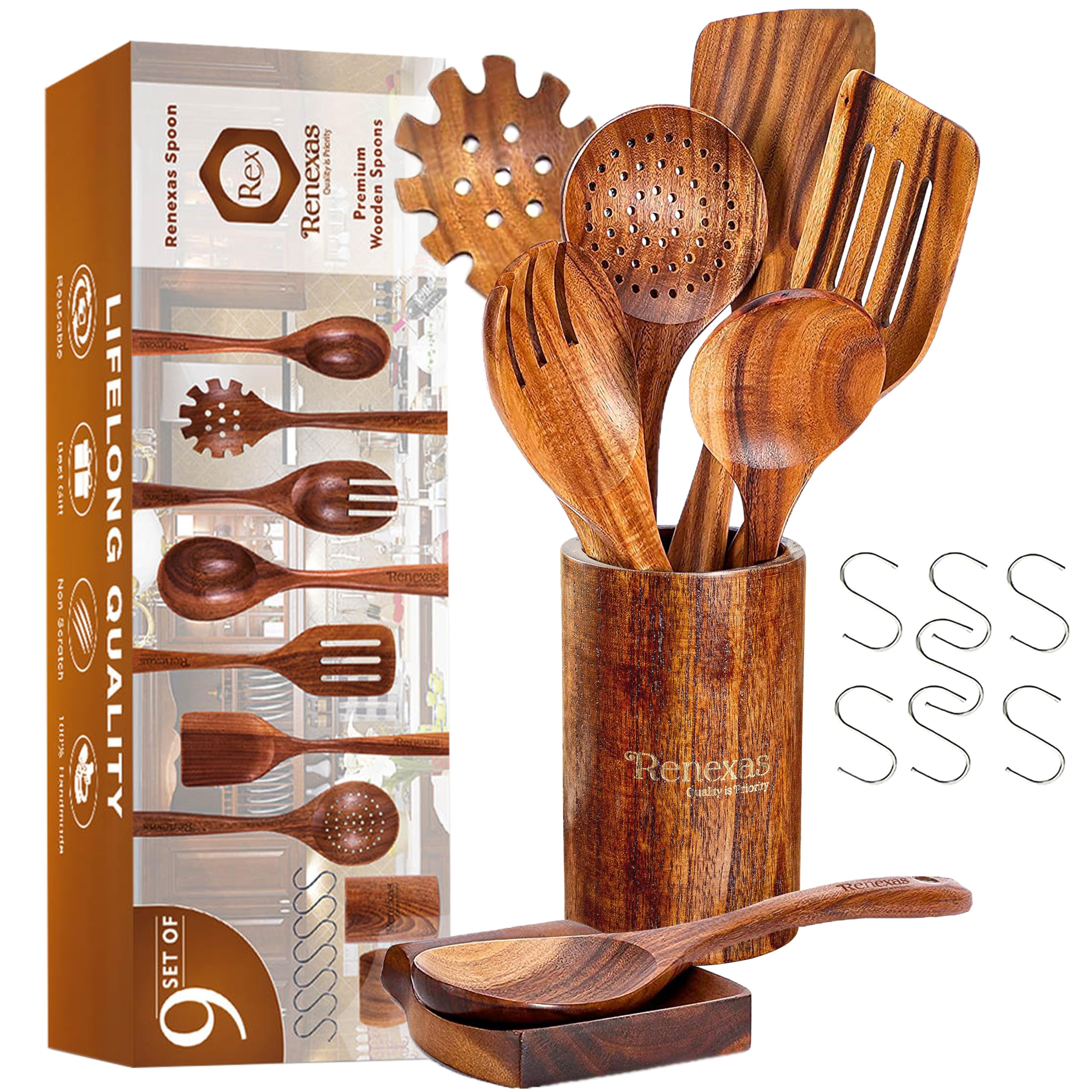 Renexas 9 Pcs Wooden Spoons for Cooking Utensils, Natural Teak Wooden Cooking Spoons with Nonstick Spatula Set, Bamboo Kitchen Utensils With Holder, Wood Spoon Set for Kitchen Essentials