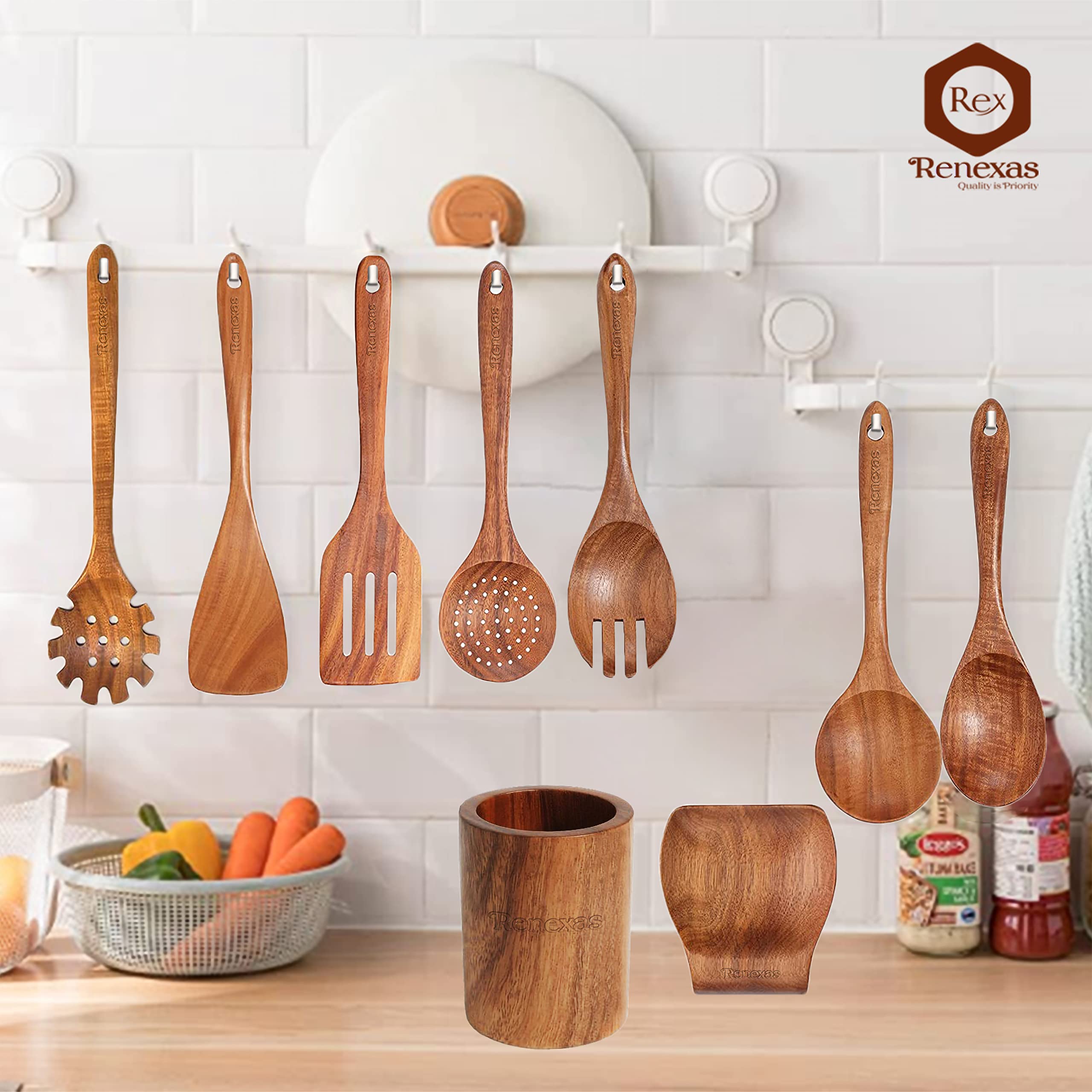 Renexas 9 Pcs Wooden Spoons for Cooking Utensils, Natural Teak Wooden Cooking Spoons with Nonstick Spatula Set, Bamboo Kitchen Utensils With Holder, Wood Spoon Set for Kitchen Essentials