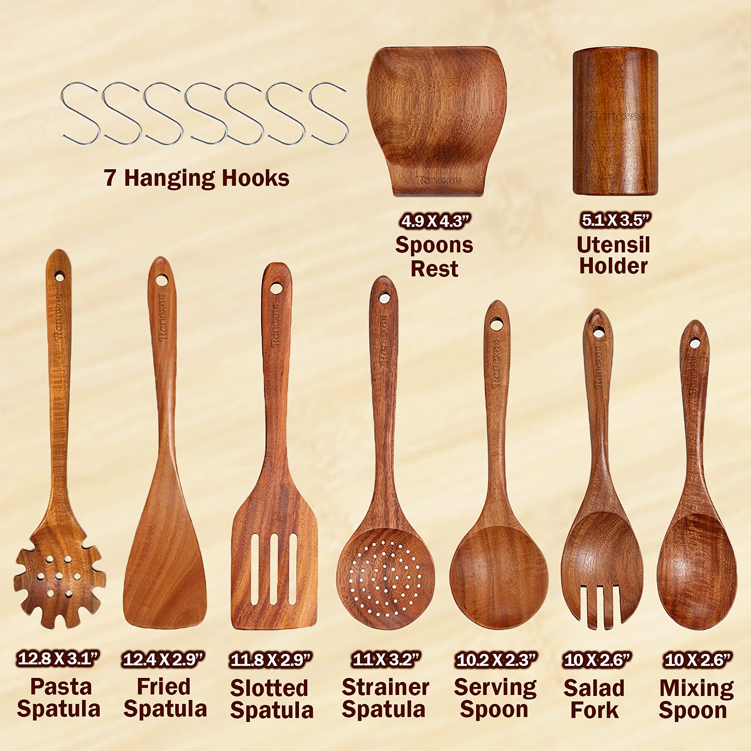 Renexas 9 Pcs Wooden Spoons for Cooking Utensils, Natural Teak Wooden Cooking Spoons with Nonstick Spatula Set, Bamboo Kitchen Utensils With Holder, Wood Spoon Set for Kitchen Essentials