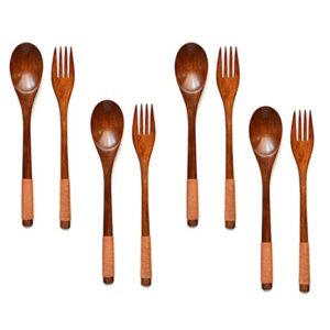 8 Pcs Wooden 9 inch Japanese Spoon Fork Set Including Wooden Spoons and Wooden Forks Japanese Wooden Utensil Set Reusable Handmade Natural Wood Flatware Set for Cooking Stirring Eating