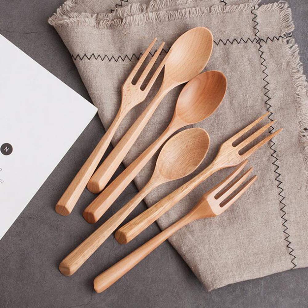 Kyien 6Pcs Wood Soup Spoons And Forks Sets Natural Wood Eating Utensils Wooden Flatware Set，Eco Friendly Wood Cutlery Wooden Dinner Fork And Spoon，3 Spoons and 3 Forks