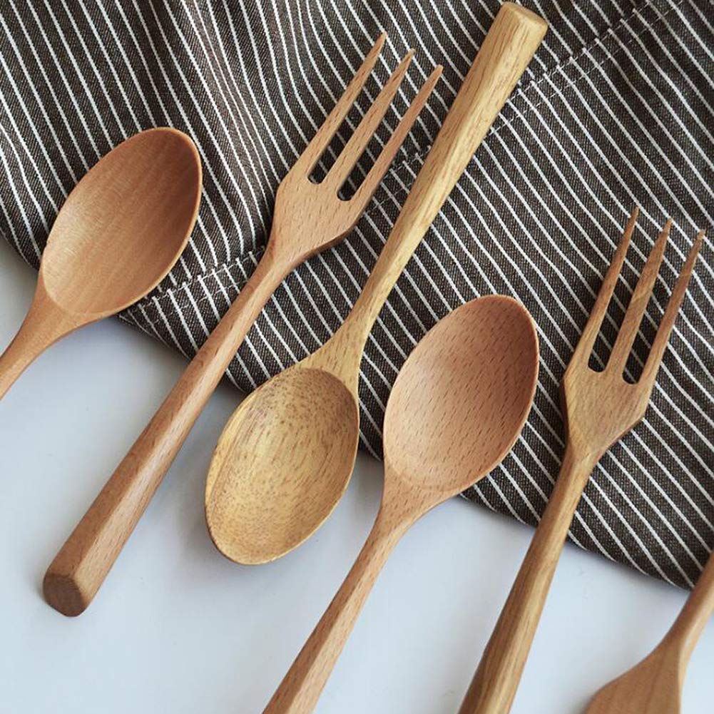 Kyien 6Pcs Wood Soup Spoons And Forks Sets Natural Wood Eating Utensils Wooden Flatware Set，Eco Friendly Wood Cutlery Wooden Dinner Fork And Spoon，3 Spoons and 3 Forks