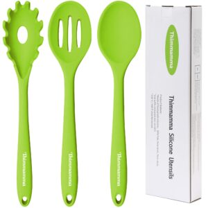 silicone cooking spoons, heat resistant large silicone pasta slotted spoon solid basting spoon set for nonstick cookware, bpa free black kitchen silicone spoons set for mixing, serving, draining green