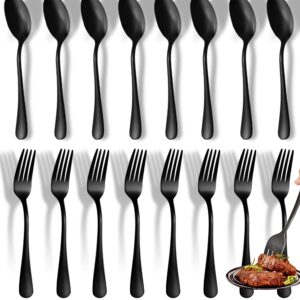 Black Spoons and Forks Set, Set of 16 Top Food Grade Stainless Steel Forks and Spoons Silverware Set, Kitchen Accessories Forks (8 Inch) and Spoons (6.69 Inch) Cutlery Set, Mirror Finish