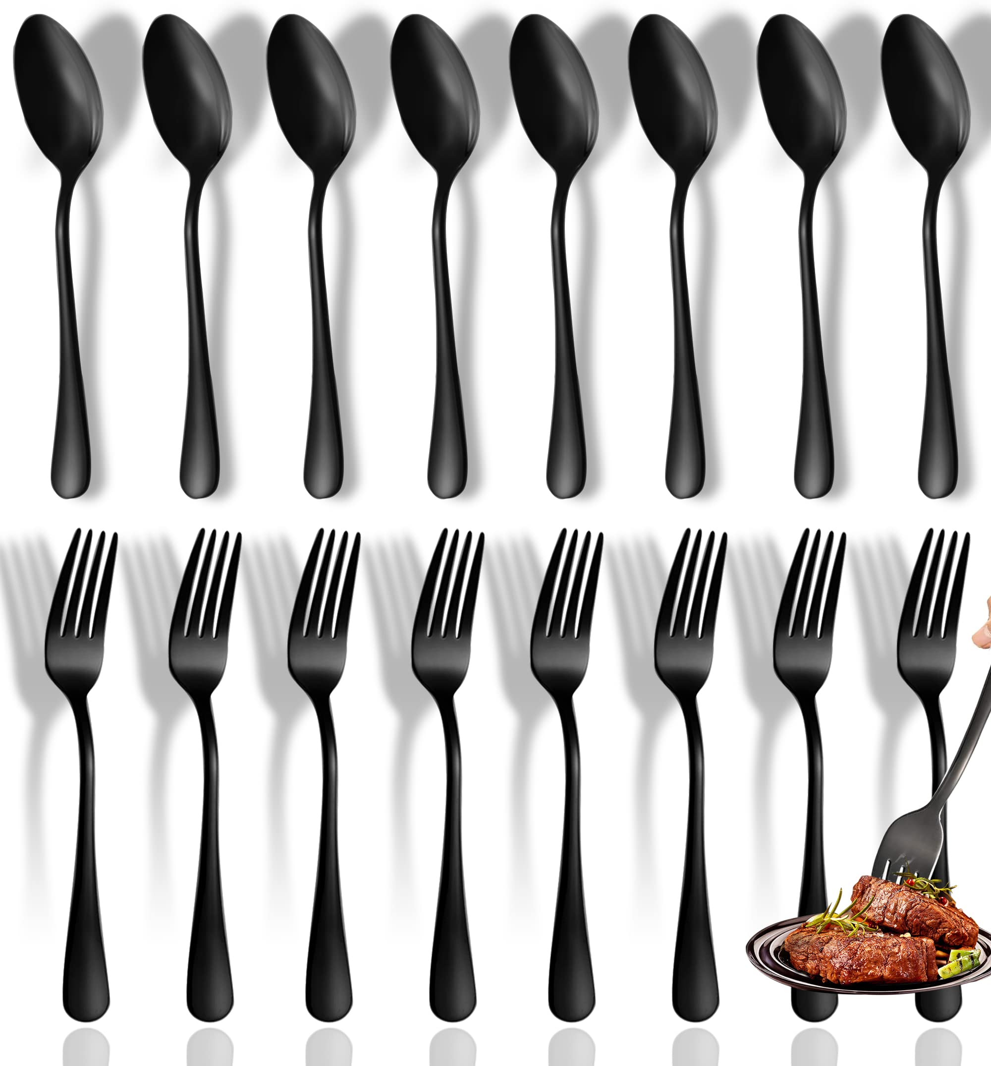 Black Spoons and Forks Set, Set of 16 Top Food Grade Stainless Steel Forks and Spoons Silverware Set, Kitchen Accessories Forks (8 Inch) and Spoons (6.69 Inch) Cutlery Set, Mirror Finish