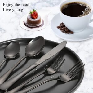 Black Spoons and Forks Set, Set of 16 Top Food Grade Stainless Steel Forks and Spoons Silverware Set, Kitchen Accessories Forks (8 Inch) and Spoons (6.69 Inch) Cutlery Set, Mirror Finish