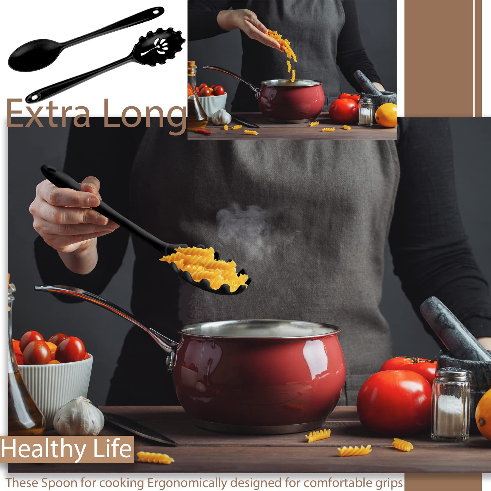 2 Pieces Silicone Cooking Spoons Set Heat Resistant Silicone Spoon Nonstick Mixing Spoons Spaghetti Sever Long Slotted Spoon, Silicone Serving Spoons 13 Inches for Stirring & Frying