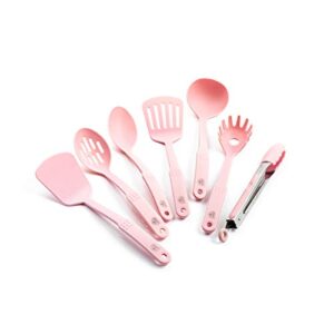 greenlife cooking tools and utensils, 7 piece nylon set including spatulas turner spoons and tongs, heat resistant spatula and spoons, bpa-free, pink