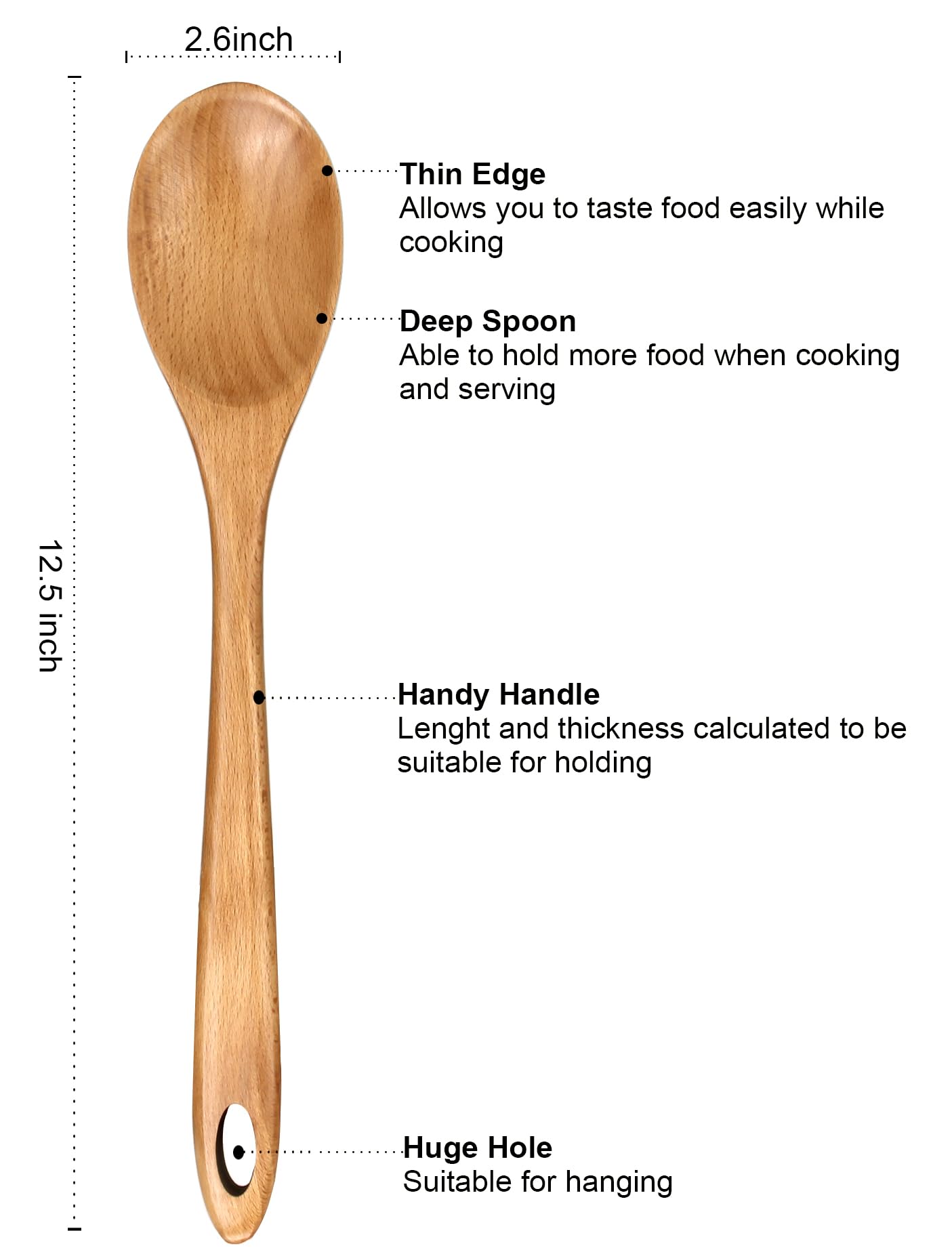 12.5 Inch Large Wooden Spoon for Cooking Utensils Serving Spoon Beech Wood Spatula Long Handle Stirring Spoon Non Stick Kitchen Utensil Big Mixing Cooking Spoon