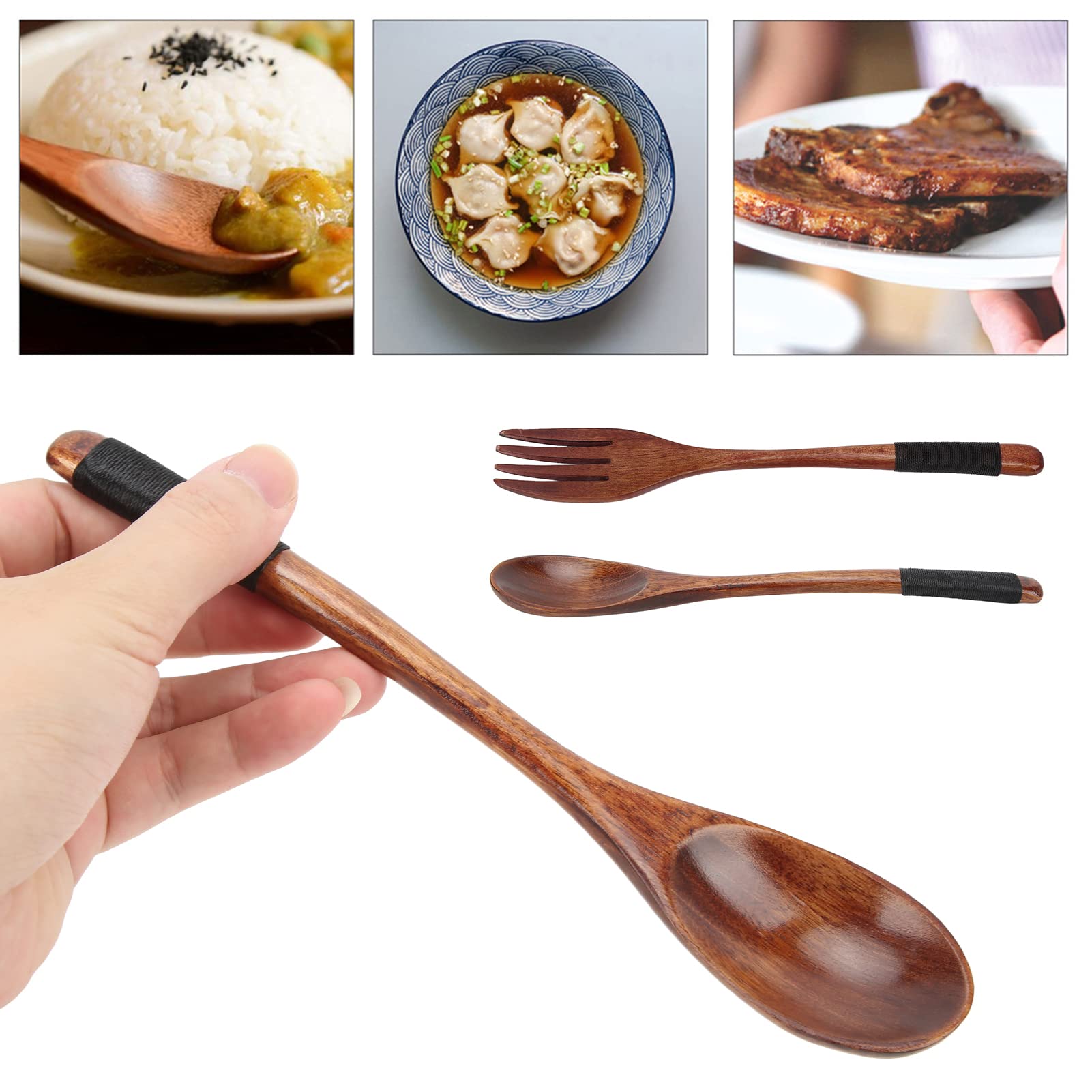 Pssopp 6Pcs Japanese Spoon Fork Set Wooden Spoon Fork Japanese Wooden Tableware Wooden Ladle Spoon and Fork Set for Cooking Stirring Eating