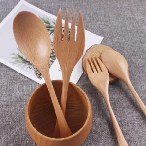 MISNODE 2Pcs Wooden Spoon Set Spoon Fork Set for Eating Mixing Stirring, Sauce Spoon Japanese Style Tableware Kitchen Utensil for Home Kitchen Restaurant