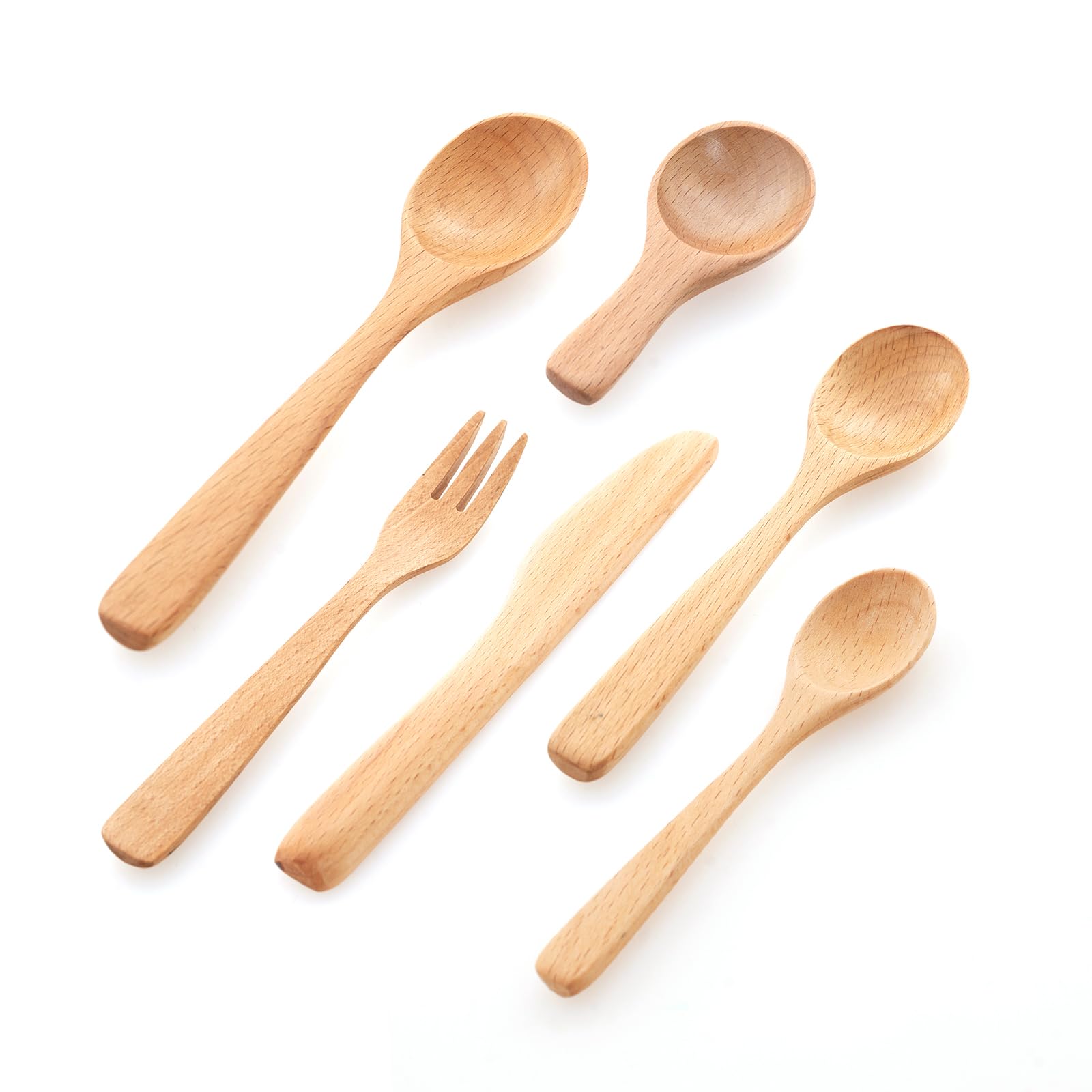 Wooden Spoon for Eating, Fork and Knife Set(6 pcs), Salad Spoon, Spreader Knife, serving spoon, Small Scoops for Canisters, Coffee Spoon, Portable Travel Tableware, Natural Wood Cutlery Set Reusable