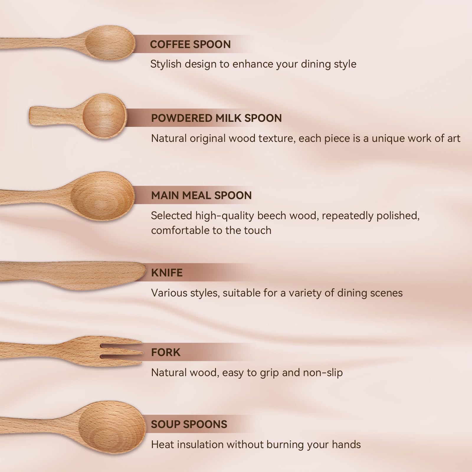 Wooden Spoon for Eating, Fork and Knife Set(6 pcs), Salad Spoon, Spreader Knife, serving spoon, Small Scoops for Canisters, Coffee Spoon, Portable Travel Tableware, Natural Wood Cutlery Set Reusable