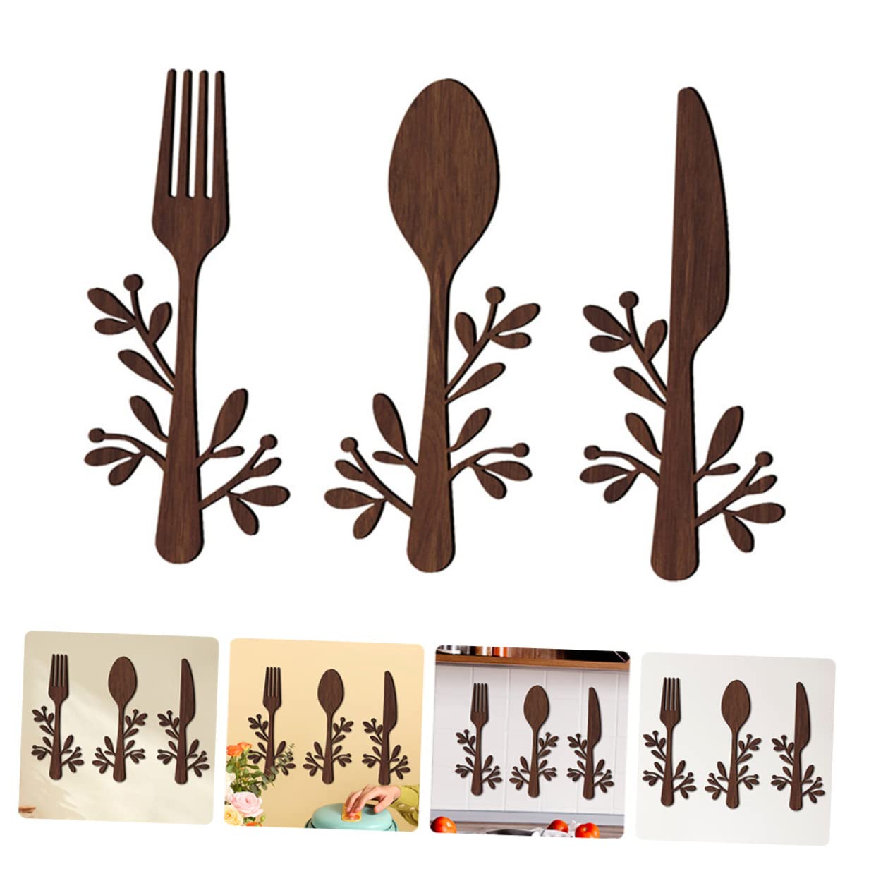 Yardenfun 3pcs Wooden and Fork Pendant Kitchen Utensils Wall Sign Fork and Spoon Wall Decor Wood Spoon Fork Sign Farmhouse Wooden Wall Plaque Country Home Decor Basswood Metallic Line
