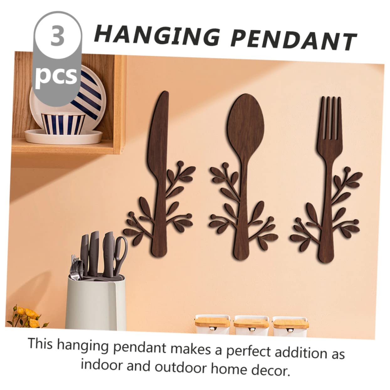 Yardenfun 3pcs Wooden and Fork Pendant Kitchen Utensils Wall Sign Fork and Spoon Wall Decor Wood Spoon Fork Sign Farmhouse Wooden Wall Plaque Country Home Decor Basswood Metallic Line