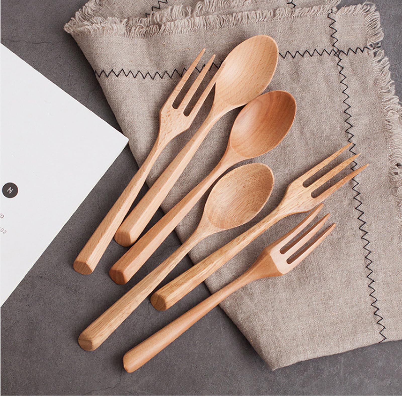 zoci Triangular Handle Wooden Spoon Fork Set Dessert Wooden Spoon Wooden Fork Portable Spoon Fork