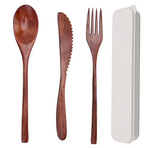 Wooden Cutlery Set of 3 Scratch Proof Portable Spoon Fork Cutter Tableware with Box Wooden Kitchen Dinnerware for Dessert Salads Noodles