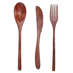 Wooden Cutlery Set of 3 Scratch Proof Portable Spoon Fork Cutter Tableware with Box Wooden Kitchen Dinnerware for Dessert Salads Noodles