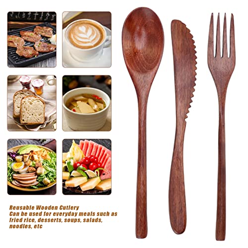 Wooden Cutlery Set of 3 Scratch Proof Portable Spoon Fork Cutter Tableware with Box Wooden Kitchen Dinnerware for Dessert Salads Noodles