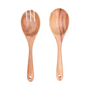 2pcs / set wooden mixing spoon fork with hanging holes, ergonomic design, ideal for school office festival use