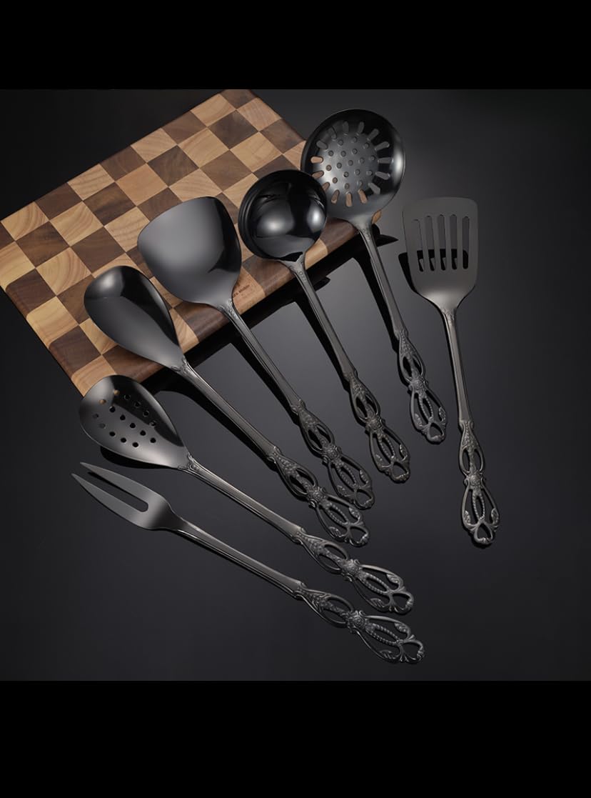 Black Stainless Steel Cooking Utensils Set Heat Resistant Kitchen Utensils Set Includes Colander, BBQ Fork, Pasta Scoop, Soup Spoon, Pointed Spoon, Spoon, Metal Kitchen Tool