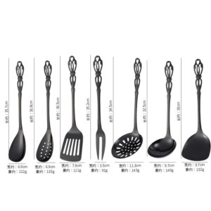 Black Stainless Steel Cooking Utensils Set Heat Resistant Kitchen Utensils Set Includes Colander, BBQ Fork, Pasta Scoop, Soup Spoon, Pointed Spoon, Spoon, Metal Kitchen Tool