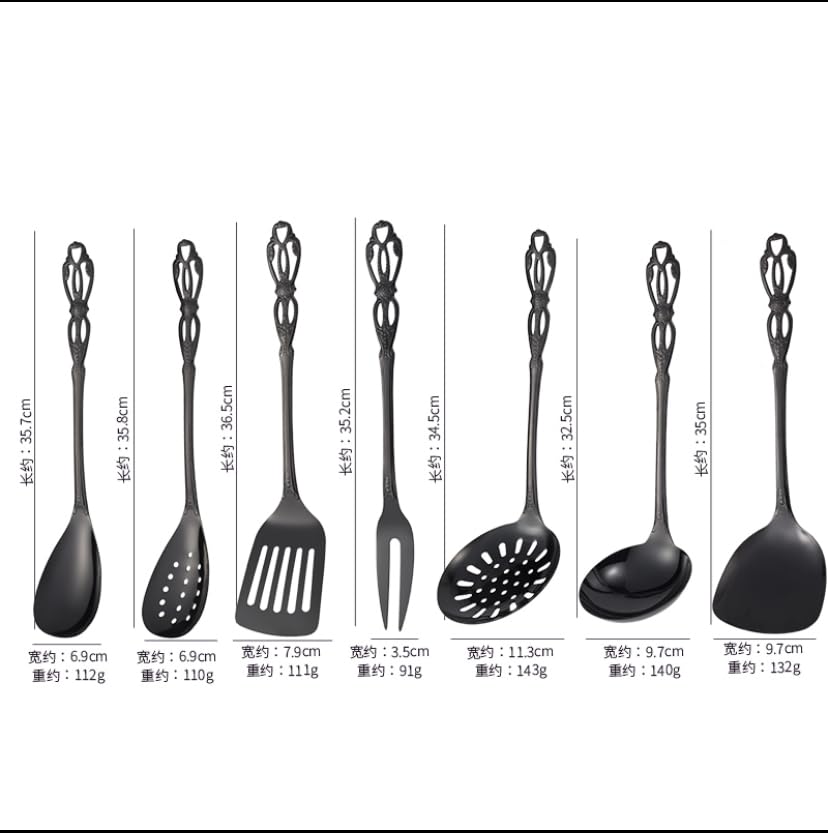 Black Stainless Steel Cooking Utensils Set Heat Resistant Kitchen Utensils Set Includes Colander, BBQ Fork, Pasta Scoop, Soup Spoon, Pointed Spoon, Spoon, Metal Kitchen Tool