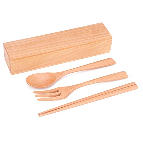 Portable Chopsticks Spoon Tableware, Cutlery Fork Kit with Storage Box, Wooden Cutlery Set Reusable Japanese Style Tableware Set for Kitchen, Home, Camping, Picnic