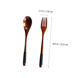 HOMSFOU 4pcs Japanese Wooden Handle Fork and Spoon Wood Soup Wood Cake Forks Stainless Steel Flatware Wooden Forks and Antique Flatware Wooden Tableware Kits Travel Salad Solid Wood