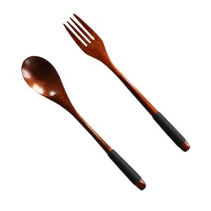 HOMSFOU 4pcs Japanese Wooden Handle Fork and Spoon Wood Soup Wood Cake Forks Stainless Steel Flatware Wooden Forks and Antique Flatware Wooden Tableware Kits Travel Salad Solid Wood