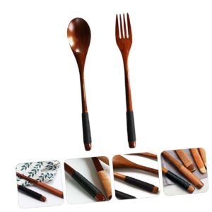 HOMSFOU 4pcs Japanese Wooden Handle Fork and Spoon Wood Soup Wood Cake Forks Stainless Steel Flatware Wooden Forks and Antique Flatware Wooden Tableware Kits Travel Salad Solid Wood