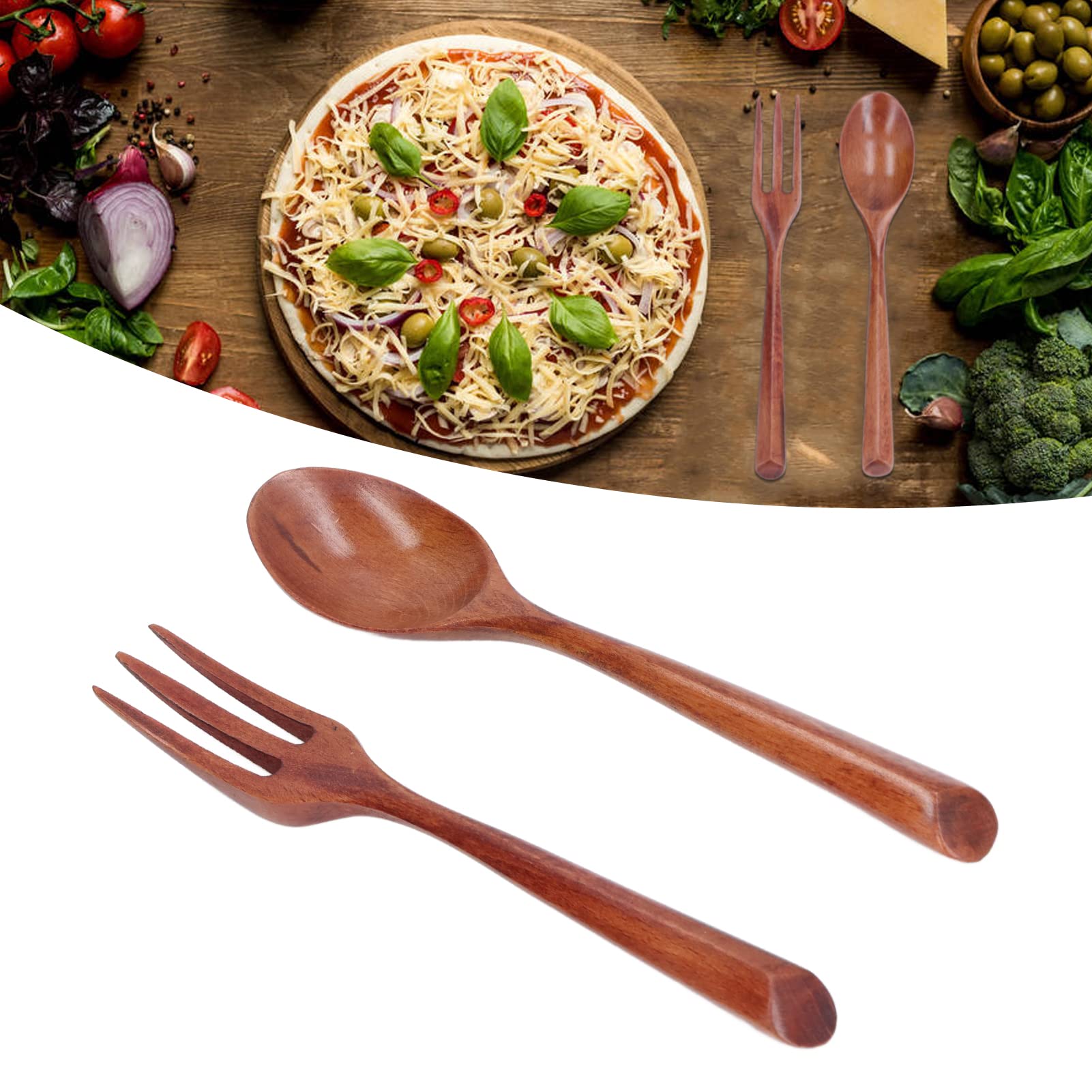 Wooden Fork Spoon Set 2Pcs Large Lacquered Wood Tableware Dinnerware Triangular Handle Utensil Wooden Spoon Spoon Fork