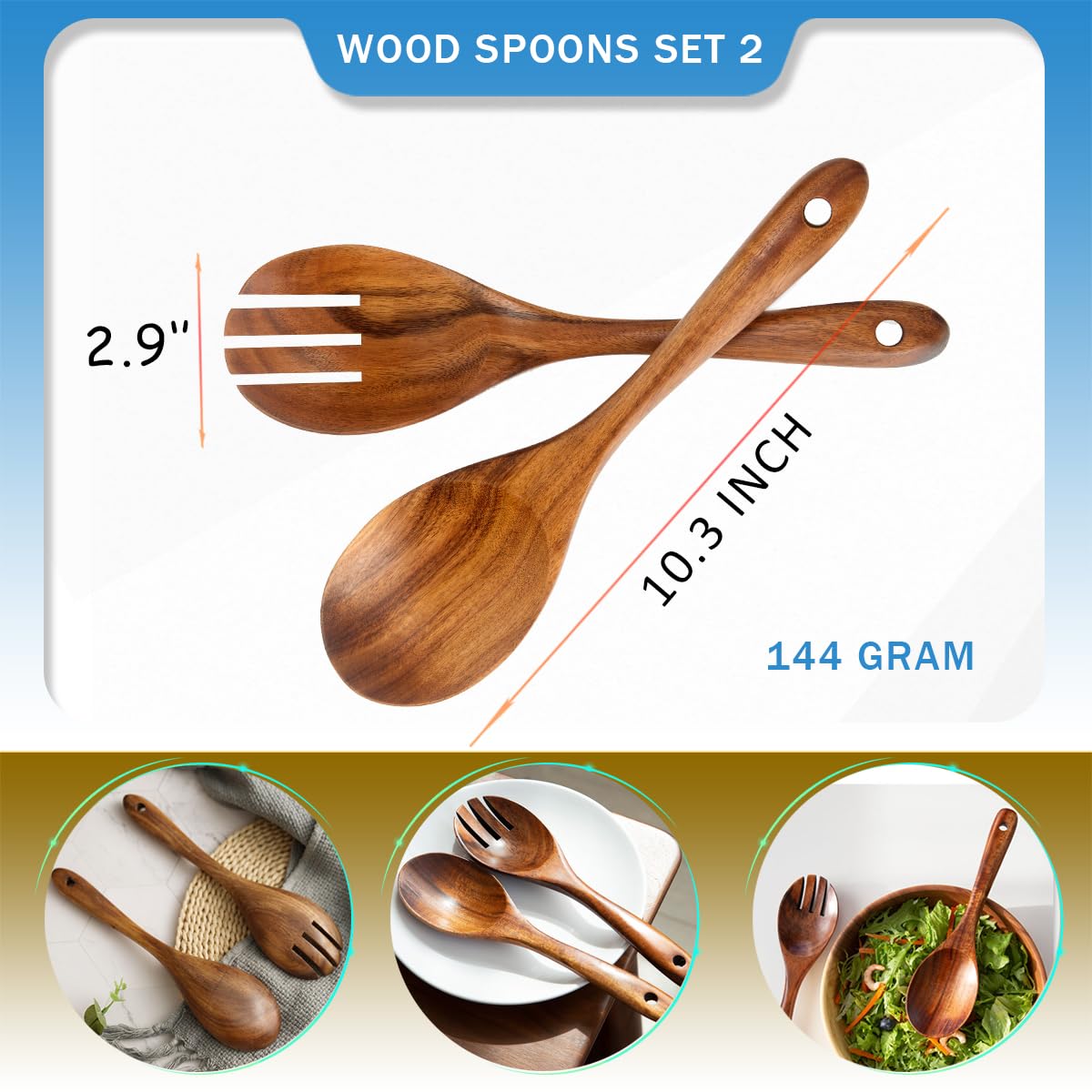 Teak Wooden Salad Fork and Spoon, Wooden Salad Spoons 10.2 Inches, Teak Wood Spoon Fork, Natural Wooden Spoon Fork Set with Ergonomic Handle, Teak Wood Salad Servers (1 Spoon + 1 Fork)