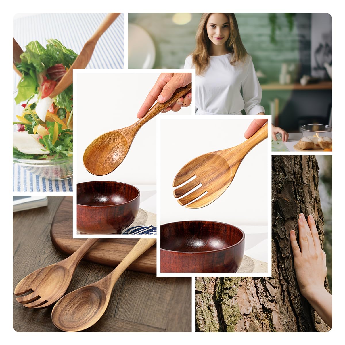 Teak Wooden Salad Fork and Spoon, Wooden Salad Spoons 10.2 Inches, Teak Wood Spoon Fork, Natural Wooden Spoon Fork Set with Ergonomic Handle, Teak Wood Salad Servers (1 Spoon + 1 Fork)