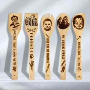 5Pcs Horror Movie Merchandise, Wooden Spoons for Cooking Utensils Set, Classic Wooden Spoon Set for Horror Movie Decor, Wooden Halloween Kitchen Accessories, Horror Home Decor, Horror Movie Gifts