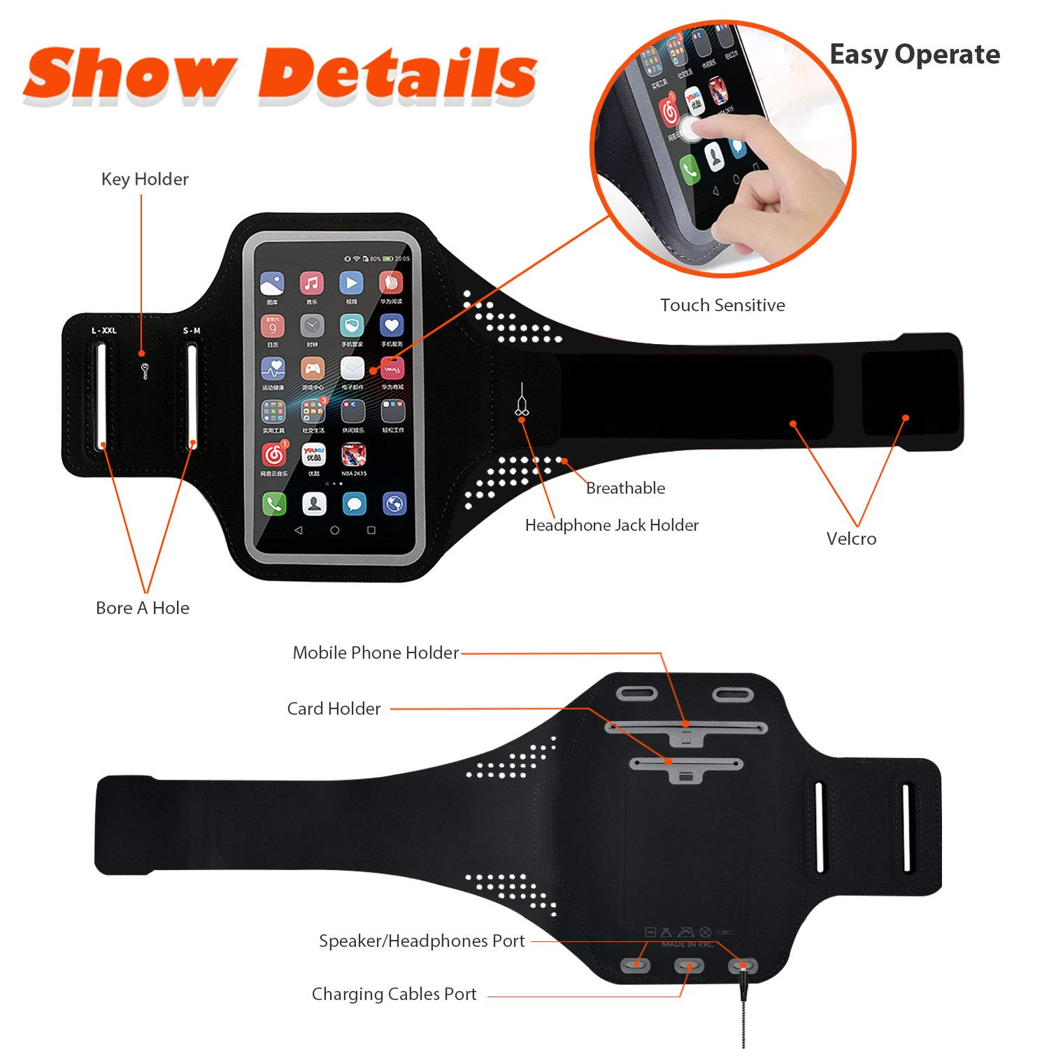 MOVOYEE Phone Holder for Running Armband Cell Phone Holder for iPhone Armband 11 12 13 14 15 Pro Max XS X XR 10 8 7 6s Plus SE Galaxy ID,Phone Armband Sleeve Fit Sport Exercise Workout Black Arm Band