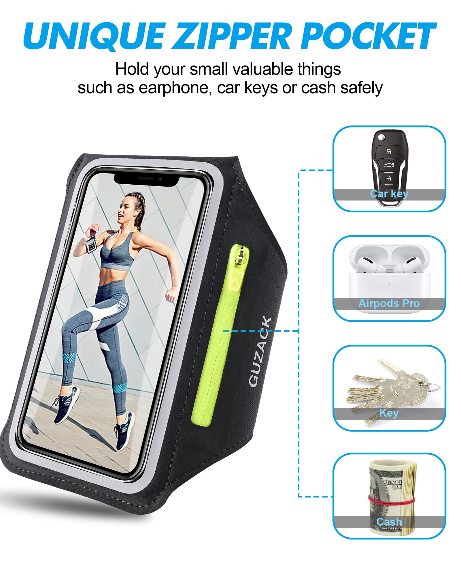 Cell Phone Armband with Zipper Pocket, Phone Holder for Running Armband for iPhone 15 14 13 12 11 Pro Max, Galaxy S23 S22 - [Fit Up to 6.8” All Phones] Sports Arm Holder with Key Pocket & Card Slot